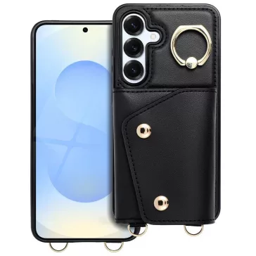   Wonder Samsung Galaxy A56 kártyatartós tok gyűrűs kitámasztóval, csuklóra / vállra akasztható pánttal, fekete
