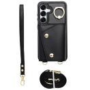 Wonder Samsung Galaxy A56 kártyatartós tok gyűrűs kitámasztóval, csuklóra / vállra akasztható pánttal, fekete