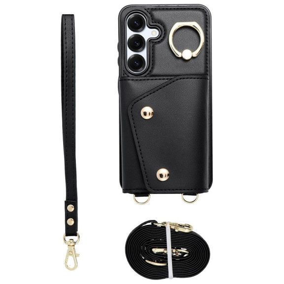 Wonder Samsung Galaxy A56 kártyatartós tok gyűrűs kitámasztóval, csuklóra / vállra akasztható pánttal, fekete