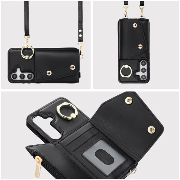 Wonder Samsung Galaxy A56 kártyatartós tok gyűrűs kitámasztóval, csuklóra / vállra akasztható pánttal, fekete