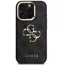 Guess PU 4G Metal Logo Apple iPhone 16 Pro hátlap tok kitámasztható kamera peremmel, fekete-arany