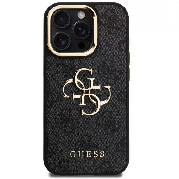 Guess PU 4G Metal Logo Apple iPhone 16 Pro hátlap tok kitámasztható kamera peremmel, fekete-arany
