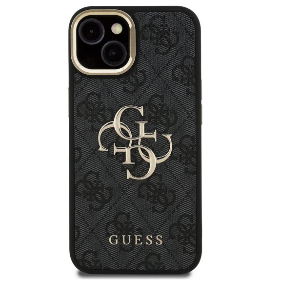 Guess PU 4G Metal Logo Apple iPhone 13 hátlap tok kitámasztható kamera peremmel, fekete-arany