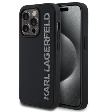   Karl Lagerfeld 3D Rubber Glitter Logo iPhone 13 Pro csillámos hátlap tok, fekete