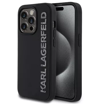   Karl Lagerfeld 3D Rubber Glitter Logo iPhone 16 Pro csillámos hátlap tok, fekete