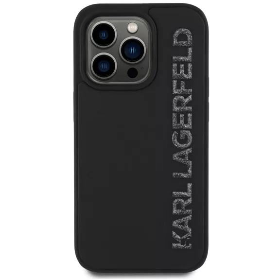Karl Lagerfeld 3D Rubber Glitter Logo iPhone 16 Pro csillámos hátlap tok, fekete