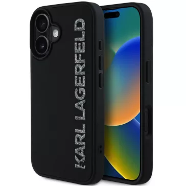   Karl Lagerfeld 3D Rubber Glitter Logo iPhone 16 csillámos hátlap tok, fekete