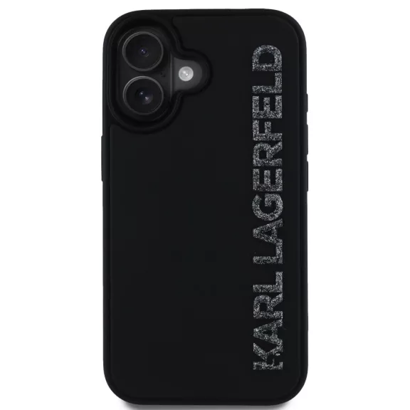 Karl Lagerfeld 3D Rubber Glitter Logo iPhone 16 csillámos hátlap tok, fekete