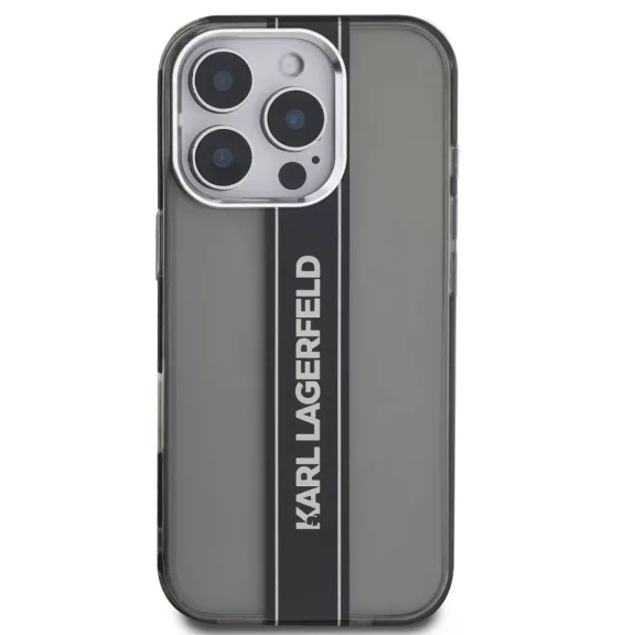 Karl Lagerfeld IML Stripe Logo iPhone 16 Pro tok kameravédő peremmel, fekete