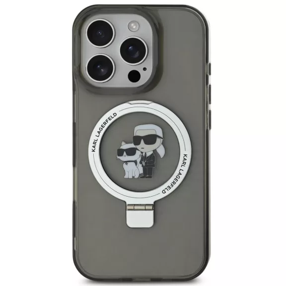 Karl Lagerfeld Ringstand Karl and Choupette iPhone 16 Pro MagSafe tok kitámasztóval, fekete