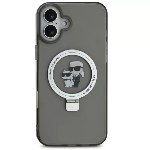 Karl Lagerfeld Ringstand Karl and Choupette iPhone 16 MagSafe tok kitámasztóval, fekete