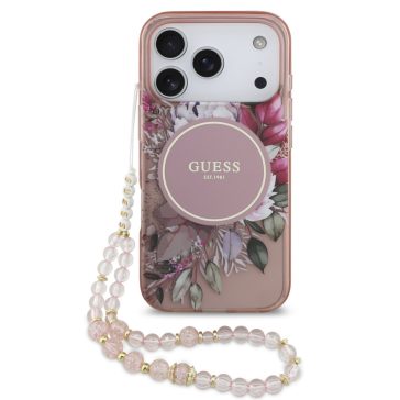   Guess IML Flowers Strap Apple iPhone 17 Pro Max MagSafe hátlap tok karpánttal, rózsaszín