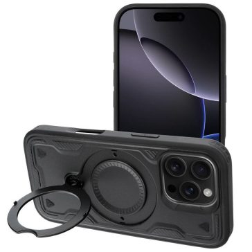   Frost Armor Apple iPhone 17 starabíró tok kitámasztóható gyűrűvel, fekete