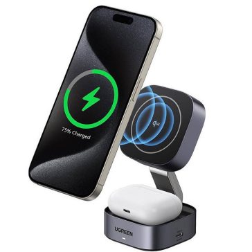   Ugreen W702 2in1 vezeték nélküli iPhone/AirPods töltő, 15W, szürke