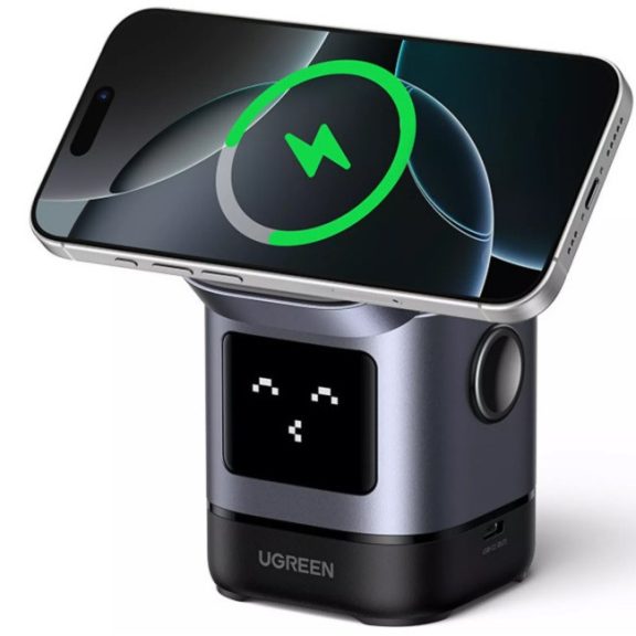 Ugreen W709 Uno 2in1 vezeték nélküli wireless töltő intelligens kijelzővel, 15W, 167A, fekete