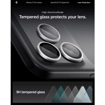   Spigen Glas.tR EZ Fit Optik Pro Apple iPhone 17 Pro / 17 Pro Max / 16 Pro / 16 Pro Max / 15 Pro / 15 Pro Max / 14 Pro / 14 Pro Max, Tempered kameralencse-védő fólia felhelyező kerettel, ezüst (2db)
