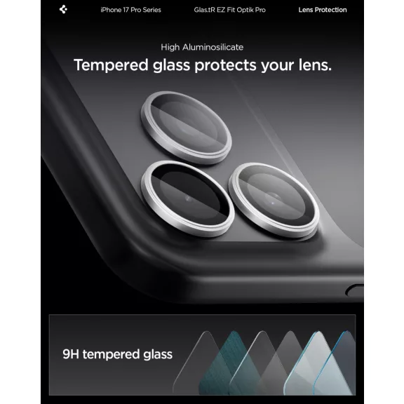 Spigen Glas.tR EZ Fit Optik Pro Apple iPhone 17 Pro / 17 Pro Max / 16 Pro / 16 Pro Max / 15 Pro / 15 Pro Max / 14 Pro / 14 Pro Max, Tempered kameralencse-védő fólia felhelyező kerettel, ezüst (2db)