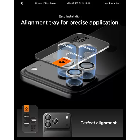 Spigen Glas.tR EZ Fit Optik Pro Apple iPhone 17 Pro / 17 Pro Max / 16 Pro / 16 Pro Max / 15 Pro / 15 Pro Max / 14 Pro / 14 Pro Max, Tempered kameralencse-védő fólia felhelyező kerettel, ezüst (2db)