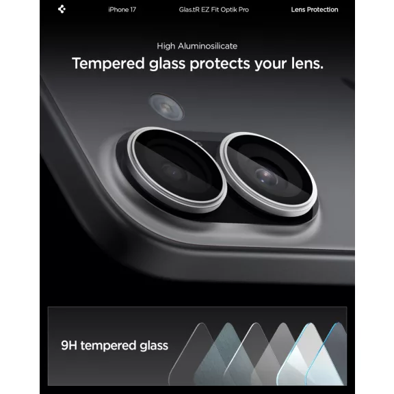 Spigen Glas.tR EZ Fit Optik Pro Apple iPhone 17 / 16 Plus / 16, Tempered kameralencse-védő fólia felhelyező kerettel, ezüst (2db)