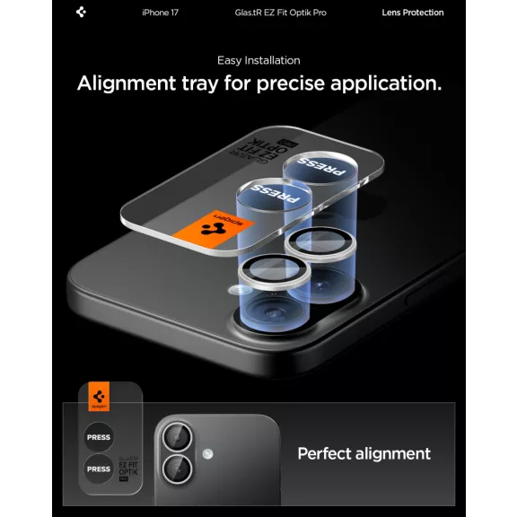 Spigen Glas.tR EZ Fit Optik Pro Apple iPhone 17 / 16 Plus / 16, Tempered kameralencse-védő fólia felhelyező kerettel, ezüst (2db)