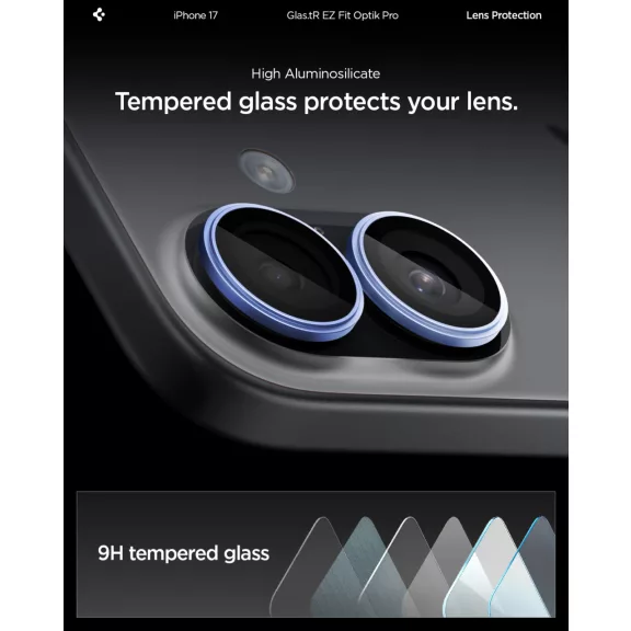 Spigen Glas.tR EZ Fit Optik Pro Apple iPhone 17 / 16 Plus / 16, Tempered kameralencse-védő fólia felhelyező kerettel, kék (2db)