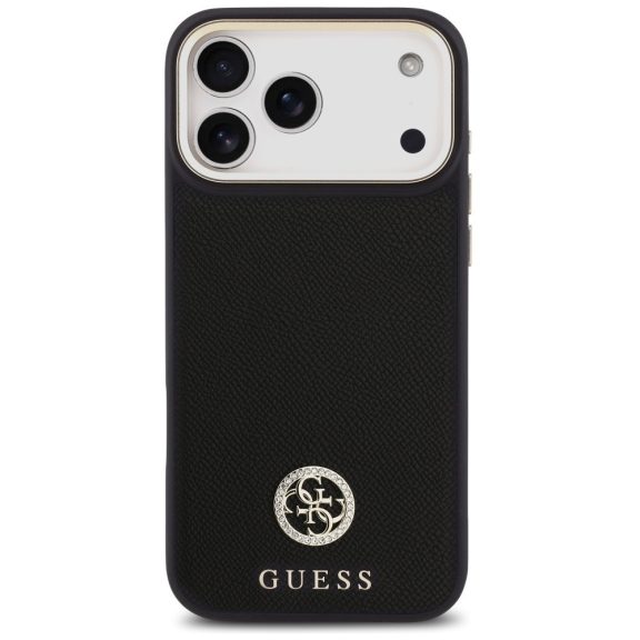 Guess 4G Grained Strass Logo Apple iPhone 17 Pro Max MagSafe tok kameravédő peremmel, fekete-arany
