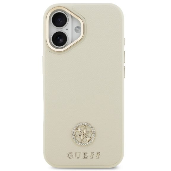 Guess 4G Grained Strass Logo Apple iPhone 17 MagSafe tok kameravédő peremmel, bézs-arany
