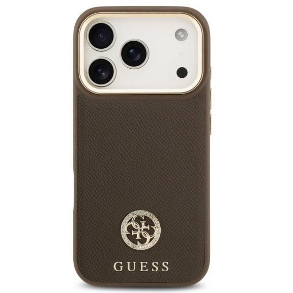 Guess 4G Grained Strass Logo Apple iPhone 17 Pro Max MagSafe tok kameravédő peremmel, barna-arany