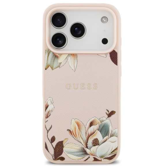 Guess Grained Flowers Classic Logo Apple iPhone 17 Pro MagSafe tok, virág minta, rózsaszín