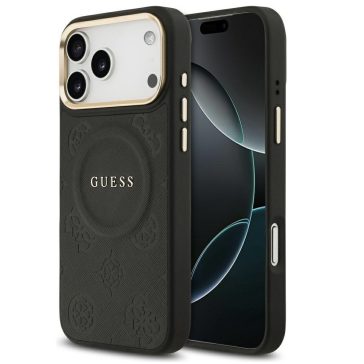   Guess Peony Hot Stamp Apple iPhone 17 Pro MagSafe tok kameravédő peremmel, fekete-arany
