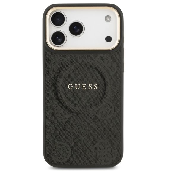 Guess Peony Hot Stamp Apple iPhone 17 Pro MagSafe tok kameravédő peremmel, fekete-arany