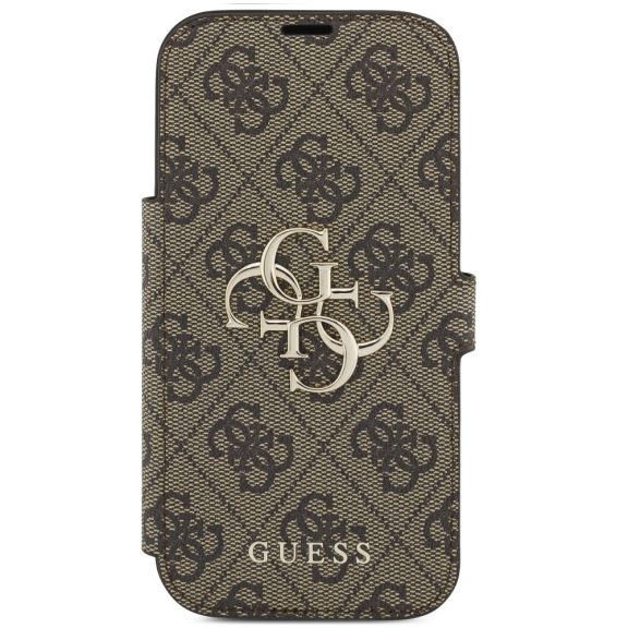 Guess Book 4G Metal Logo Apple iPhone 17 Pro Max oldalra nyíló tok kártyatartóval, barna