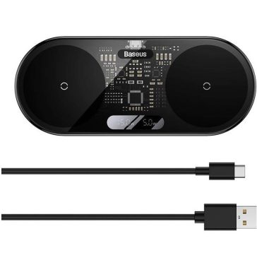   Baseus 2in1 vezeték nélküli töltő, digitális LED kijelzővel, Qi, USB-C-USB-A kábellel, 20W