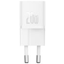 Baseus GaN5 Mini USB-C hálózati gyorstöltő adapter 20W, + USB-C-USB-C fonott kábel, 100W, fehér