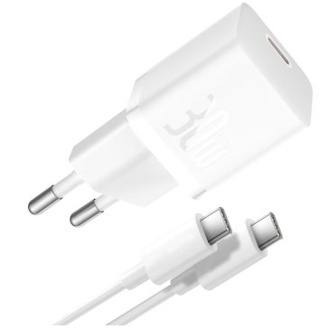   Baseus GaN5 Mini USB-C hálózati gyorstöltő adapter 30W, + USB-C-USB-C fonott kábel, 100W, fehér