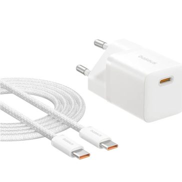   Baseus GaN5 Mini USB-C hálózati gyorstöltő adapter 25W, + USB-C-USB-C fonott kábel, 100W, fekete