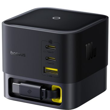   Baseus Super GaN 3xUSB-C-USB-A töltőállomás behűzható kábellel, 100W, fekete
