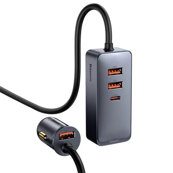 Baseus Share Together 3xUSB-A-USB-C autós töltő beépített kábellel, 120W, 1,5m, szürke