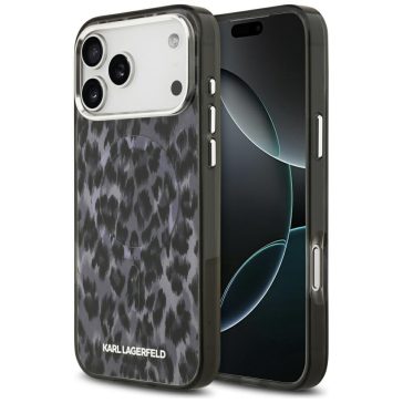   Karl Lagerfeld IML Leopard Pattern Apple iPhone 17 Pro MagSafe kompatibilis hátlap tok, leopárd minta, fekete