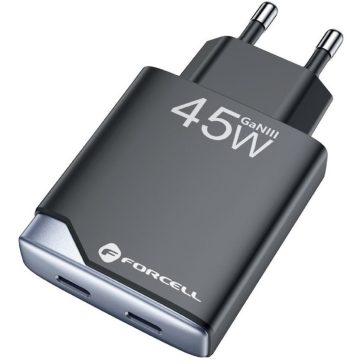   Forcell F-Energy GaN III B245201(2C) 2xUSB-C töltő adapter, PD, QC4.0, 3A, 45W, fekete