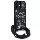 Karl Lagerfeld Crossbody Grained Pattern & Logo iPhone 16 műbőr hátlap tok vállpánttal, MagSafe, fekete