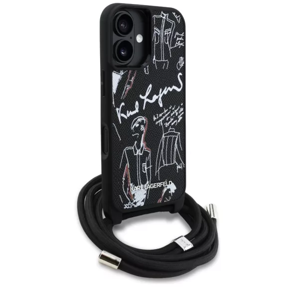 Karl Lagerfeld Crossbody Grained Pattern & Logo iPhone 16 műbőr hátlap tok vállpánttal, MagSafe, fekete