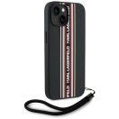 Karl Lagerfeld Saffiano Athleisure Stripes Cord iPhone 15 hátlap tok csuklópánttal, fekete-piros