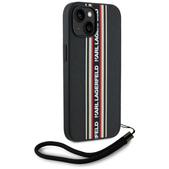 Karl Lagerfeld Saffiano Athleisure Stripes Cord iPhone 15 hátlap tok csuklópánttal, fekete-piros