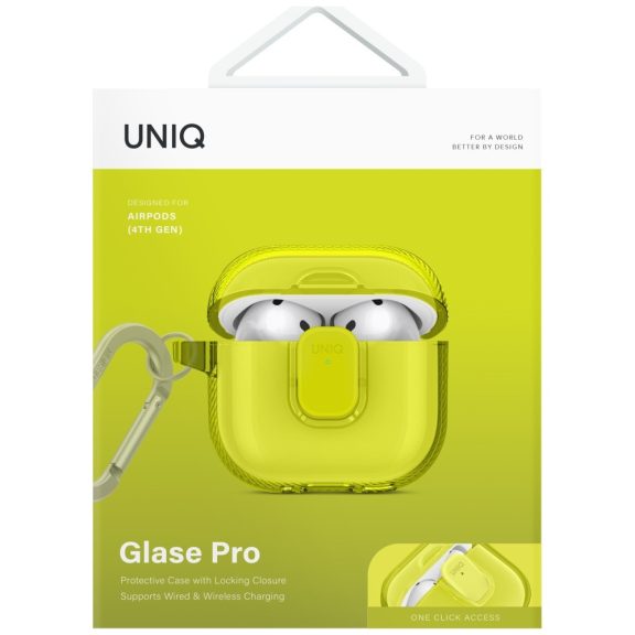 Uniq Glase Pro Apple AirPods 4 tok karabinerrel, sárga