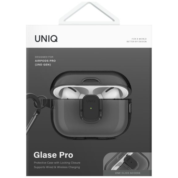 Uniq Glase Pro Apple AirPods Pro 2 tok karabinerrel, szürke