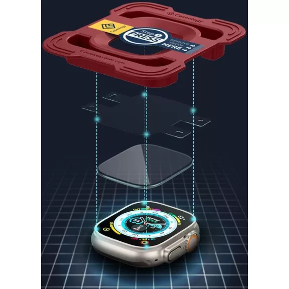 Spigen Caseology Snap Fit Apple Watch Ultra 1-3 (49 mm) Tempered Glass kijelzővédő üvegfólia felhelyező kerettel, átlátszó (2db)