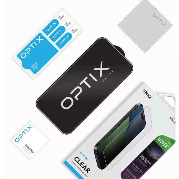 Uniq Optix Covex Clear Apple iPhone 17 Pro Max tempered glass kijelzővédő üvegfólia felhelyező kerettel, átlászó