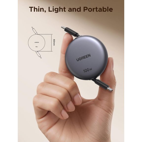 Ugreen USB-C-USB-C behúzható, állítható töltő-és adatkábel automatikus visszatekeréssel, 100W, 1m, fekete