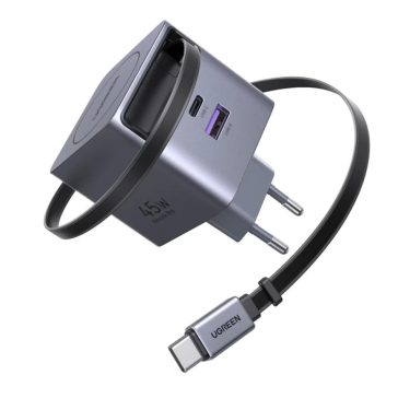   Ugreen X614 USB-C + USB-A hálózati töltő adapter USB-C kábellel, GaN, 45W, 3A, szürke